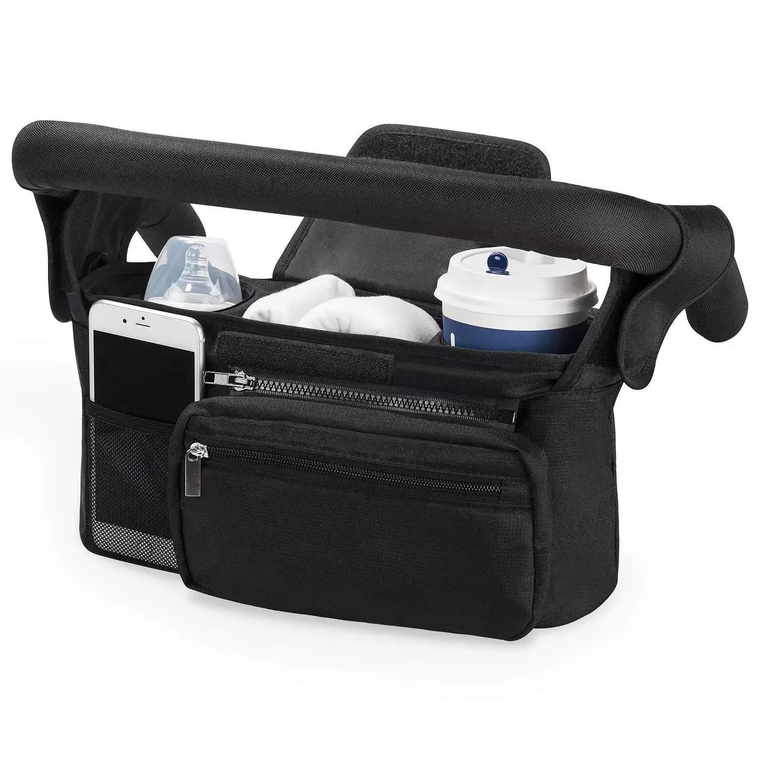Baby Pushchair Organiser, 3 Insulated Cup Holder，Detachable Zippered Pocket, Adjustable Shoulder Strap, Large Capacity for Baby Essentials, Compact Design Fits Any Pram Handlebar