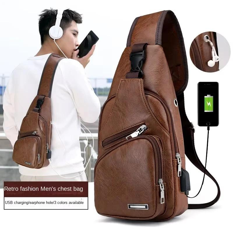New USB Men's Chest Bag Portable Large Capacity Charging Leisure Diagonal Cross Bag Outdoor Sports PU Chest Bag