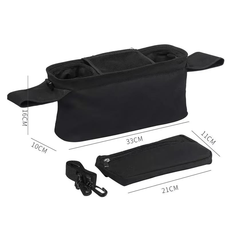 Baby Pushchair Organiser, 3 Insulated Cup Holder，Detachable Zippered Pocket, Adjustable Shoulder Strap, Large Capacity for Baby Essentials, Compact Design Fits Any Pram Handlebar