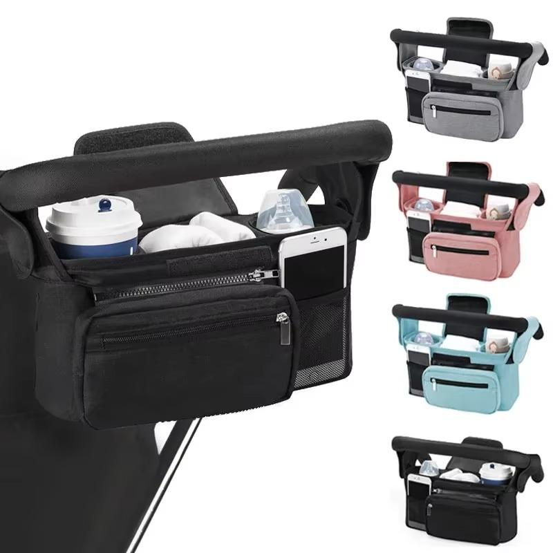 Baby Pushchair Organiser, 3 Insulated Cup Holder，Detachable Zippered Pocket, Adjustable Shoulder Strap, Large Capacity for Baby Essentials, Compact Design Fits Any Pram Handlebar