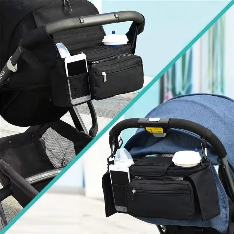 Baby Pushchair Organiser, 3 Insulated Cup Holder，Detachable Zippered Pocket, Adjustable Shoulder Strap, Large Capacity for Baby Essentials, Compact Design Fits Any Pram Handlebar