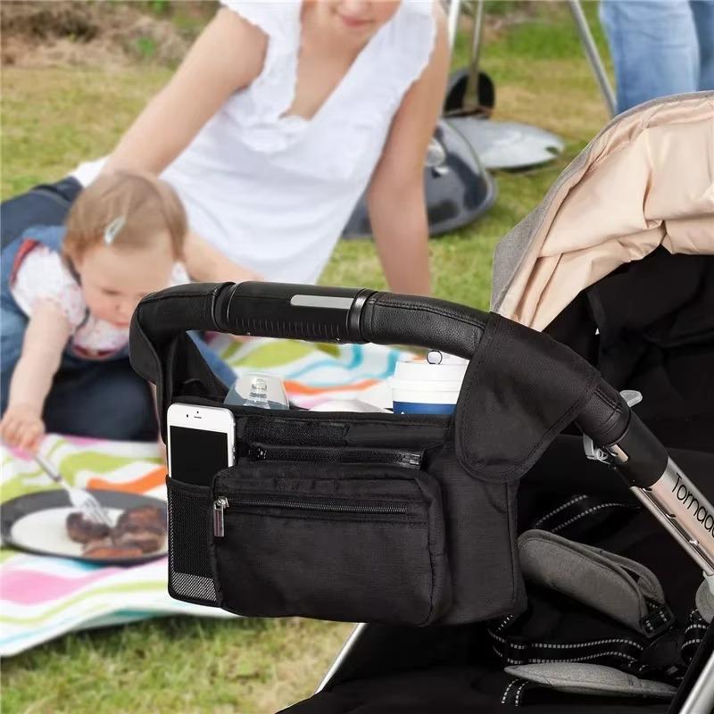 Baby Pushchair Organiser, 3 Insulated Cup Holder，Detachable Zippered Pocket, Adjustable Shoulder Strap, Large Capacity for Baby Essentials, Compact Design Fits Any Pram Handlebar